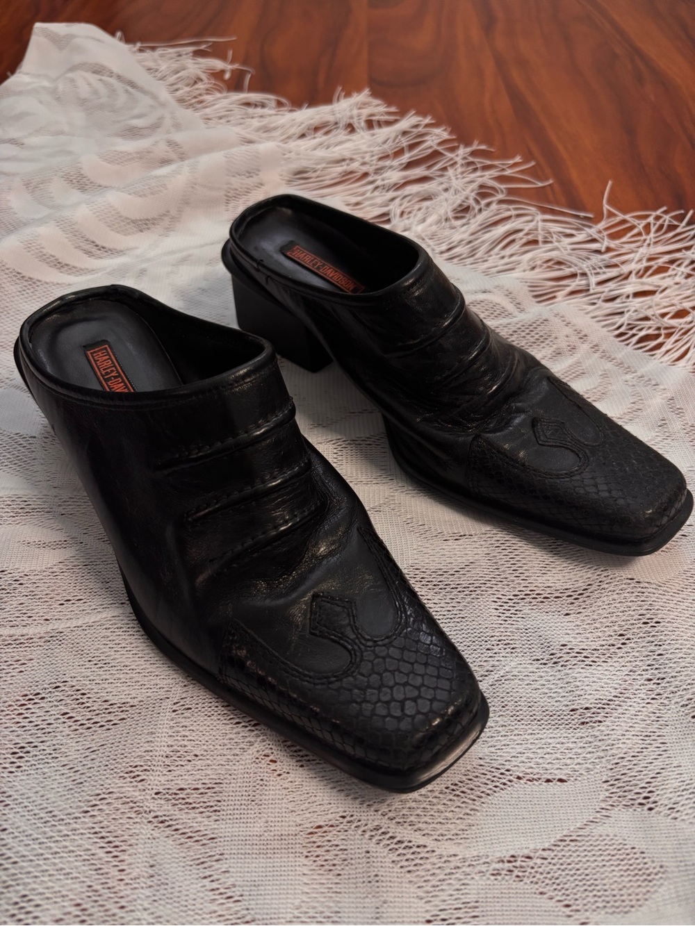 Harley-Davidson Black Leather Slip-On Mule Loafers snakeskin texture